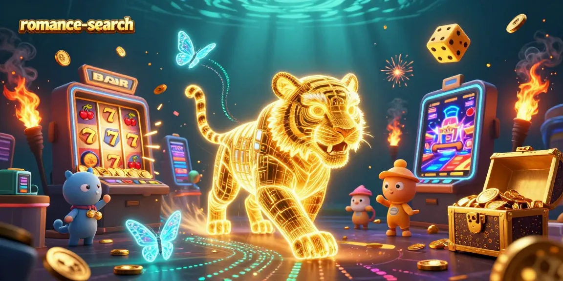 Engage with romance-search in a vibrant casino world, featuring a neon golden tiger and dynamic slot machine explosion.