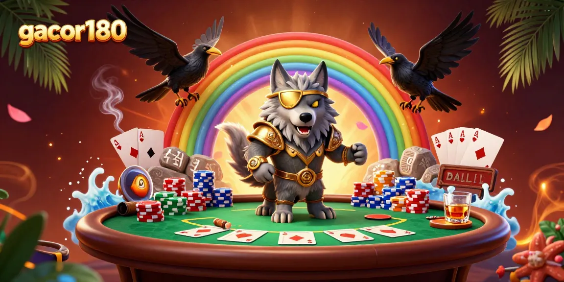 Menghadiri pengalaman gacor180 yang menakjubkan dengan Odin, dua ravens, dan tumpukan chip poker berwarna-warni.