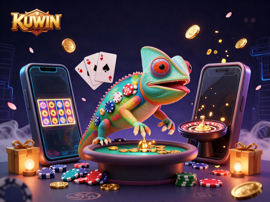 Experience gambling thrills with KUWIN's chameleon casino owner collecting golden coins in a vibrant 3D scene.