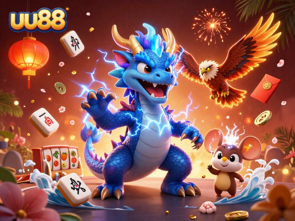 Experience the thrilling games at uu88, featuring dynamic dragon and hawk characters with vibrant casino elements.