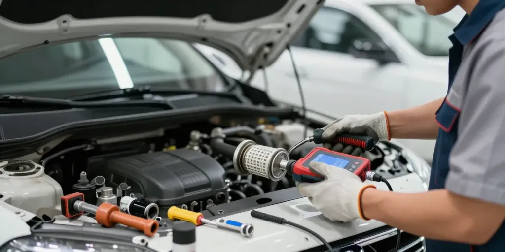 Mechaniker führt DPF-Regeneration durch und überprüft Dieselpartikelfilter in einer Werkstatt.