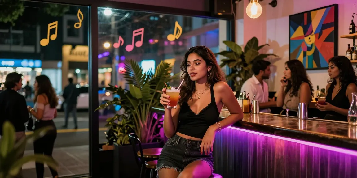 Gái gọi thư giãn tại quán bar hiện đại, không khí náo nhiệt và hấp dẫn.