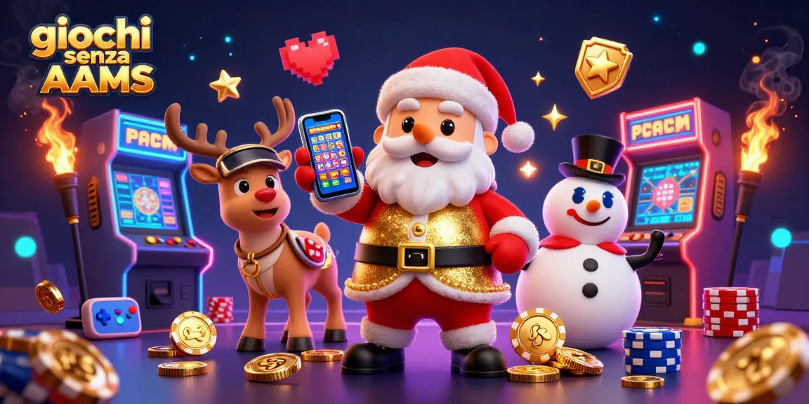 I giochi senza AAMS sono esplorati in questa vivace scena con un Babbo Natale in un casinò, accompagnato da una renna e un pupazzo di neve