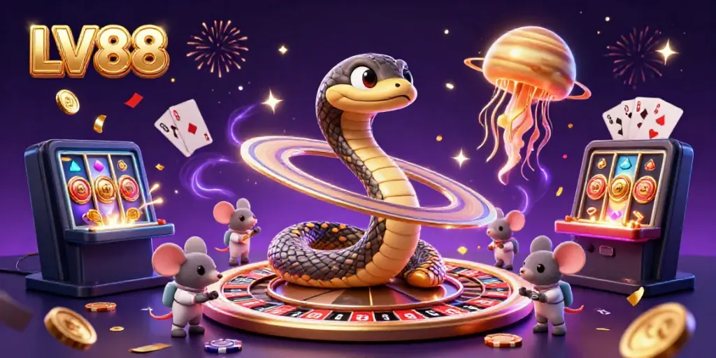 Engage with LV88 in a vibrant 3D casino scene featuring a Saturn ring snake and gaming elements.