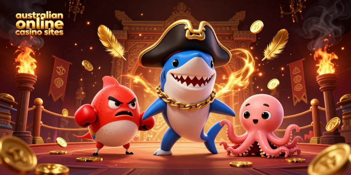 Engaging scene featuring an Australian online casino sites theme with lively characters like a shark and octopus.