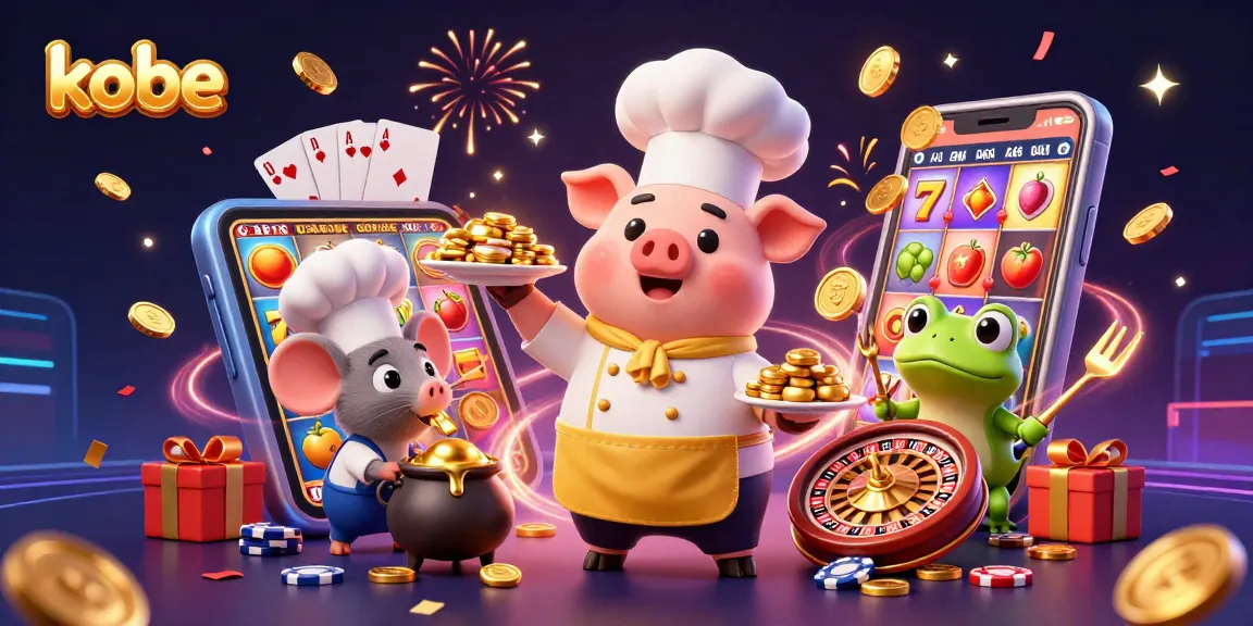 Kobe-themed casino scene showcasing a chef pig serving gold coins amidst a dynamic gambling backdrop.