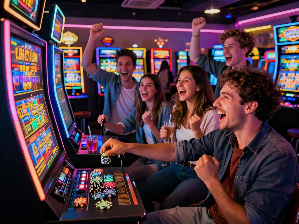 Exciting slot depo 5k gaming scene with friends celebrating a win at a vibrant slot machine.