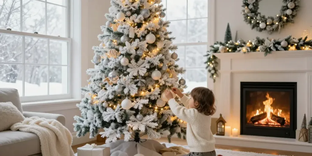 Family decorating a christmas tree with white ornaments in a cozy living room