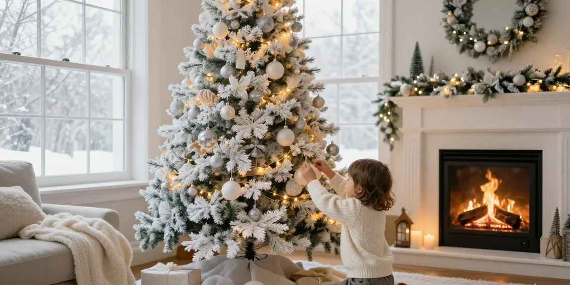 Family decorating a christmas tree with white ornaments in a cozy living room