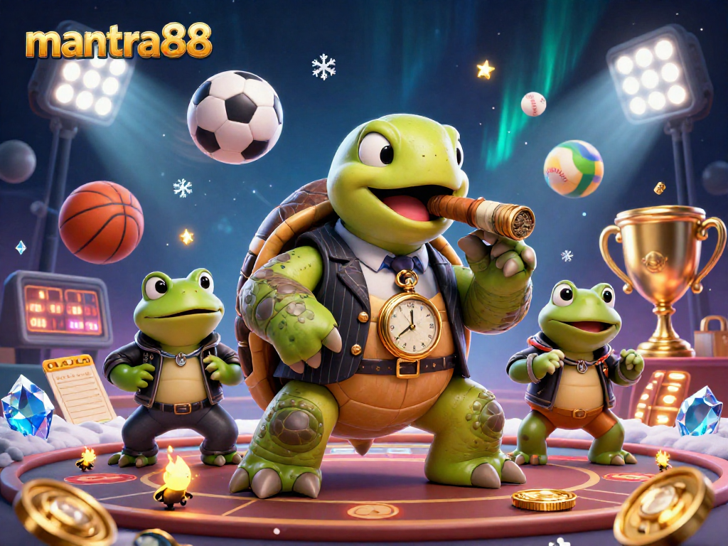 Engage with mantra88 through this vibrant casino illustration showcasing unique characters and dynamic sports elements.