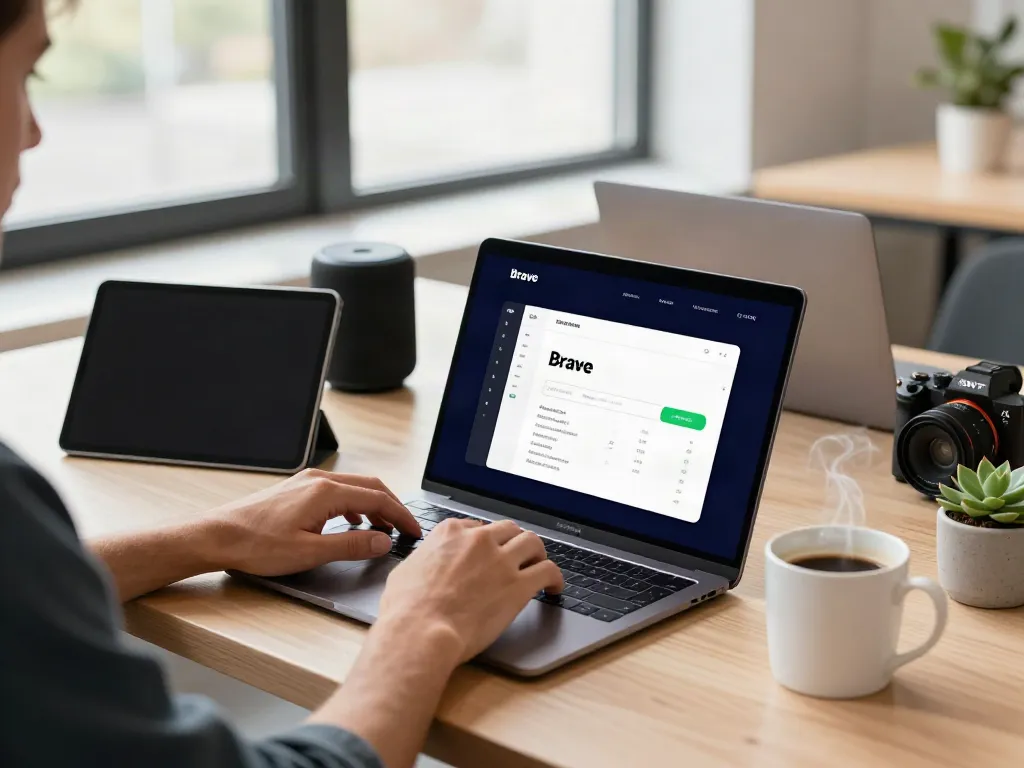 Brave browser user exploring privacy features on a laptop in a modern office.