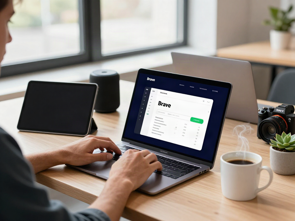 Brave browser user exploring privacy features on a laptop in a modern office.