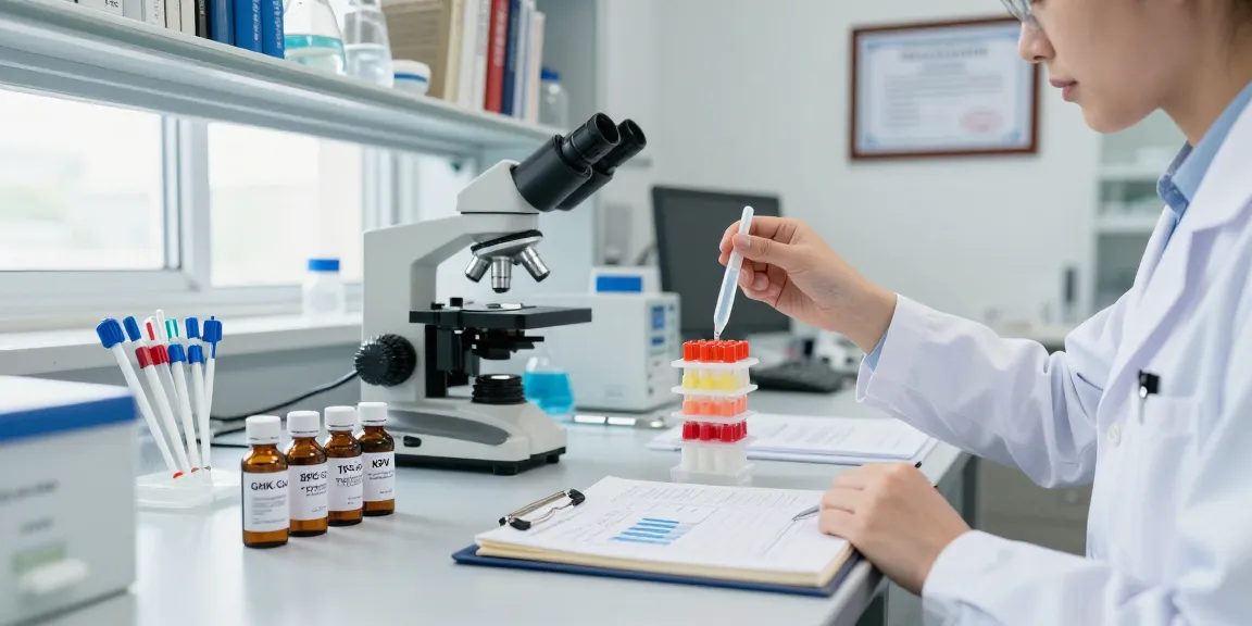 Scientist analyzing a four-peptide research stack in a laboratory setting, highlighting quality and precision.