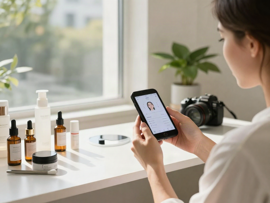Person using a beauty app for alternatives to QOVES analysis in a bright studio