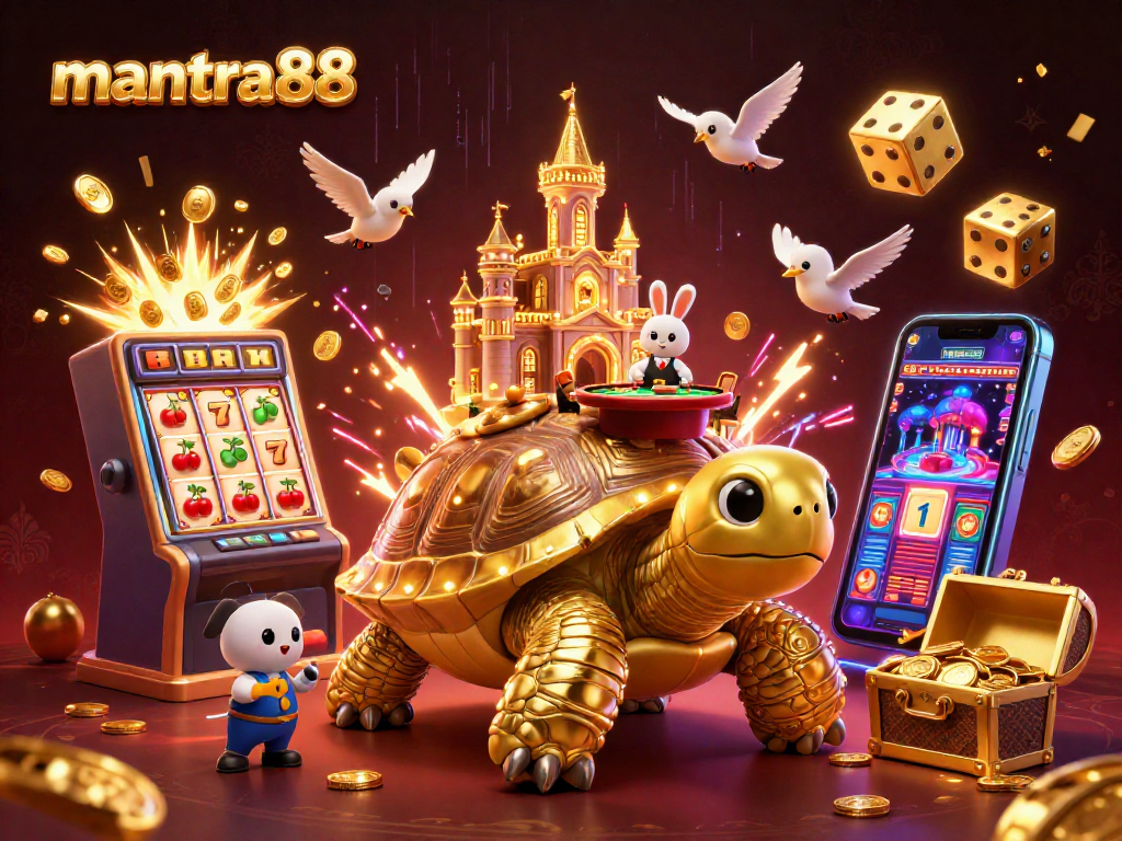 Experience thrilling wins at mantra88 with a vibrant 3D casino scene featuring a golden tortoise and a rabbit dealer.