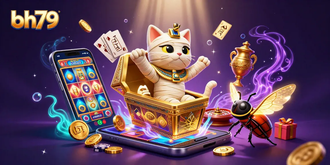bh79 interactive scene featuring a mummy cat, glowing scarab, and casino elements creating excitement