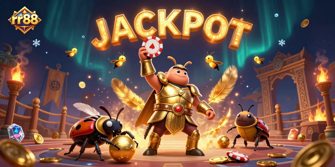 rr88 promotes exciting gameplay with a victorious gladiator beetle championing poker chips.
