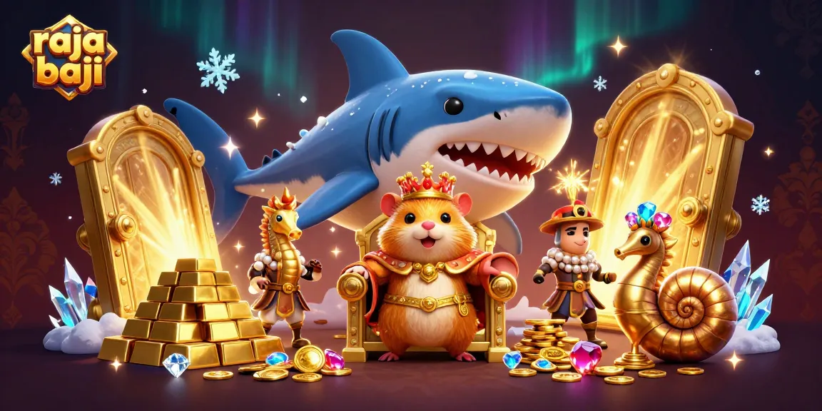 Raja baji showcases a golden hamster king amidst treasures and royal guards in a stunning casino scene.