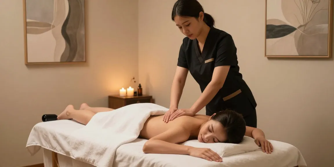 마사지 치료를 받는 고객과 아로마 오일이 있는 편안한 스파 장면