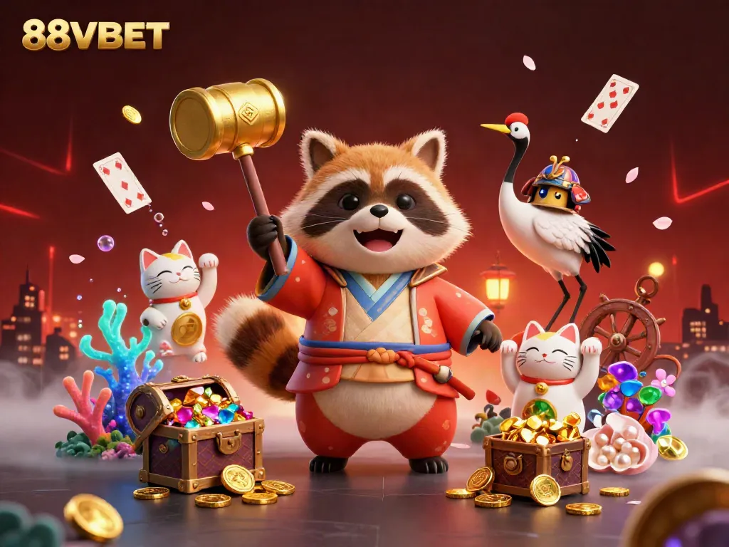 Experience vibrant gameplay with 88VBET featuring lucky tanuki, colorful cats, and treasures in a lively scene.