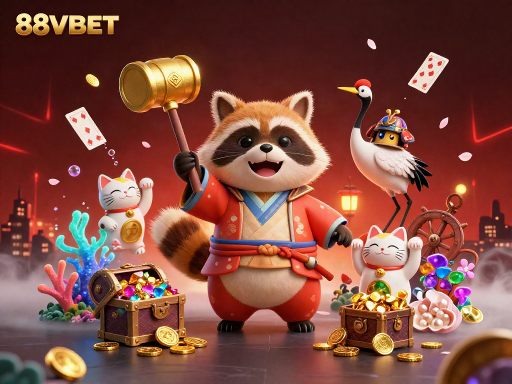 Experience vibrant gameplay with 88VBET featuring lucky tanuki, colorful cats, and treasures in a lively scene.