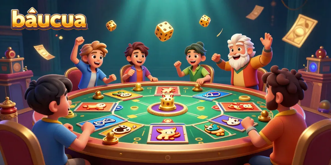 Baucua game scene with colorful animal symbols, golden dice, and festive excitement in 3D.