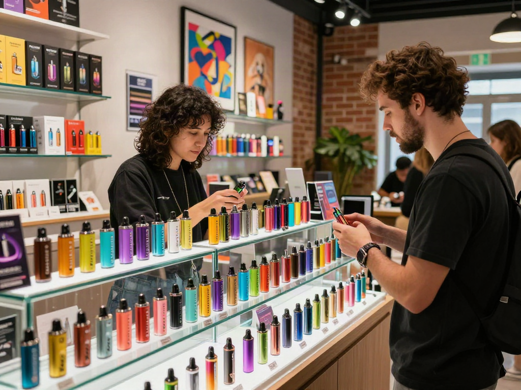 Exploring colorful Flum disposable vapes in a modern vape shop.