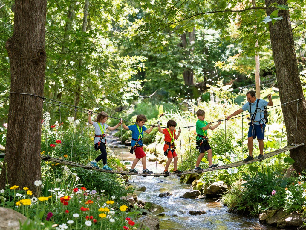 Family crossing a vibrant rope bridge in a lush forest, showcasing outdoor adventure.