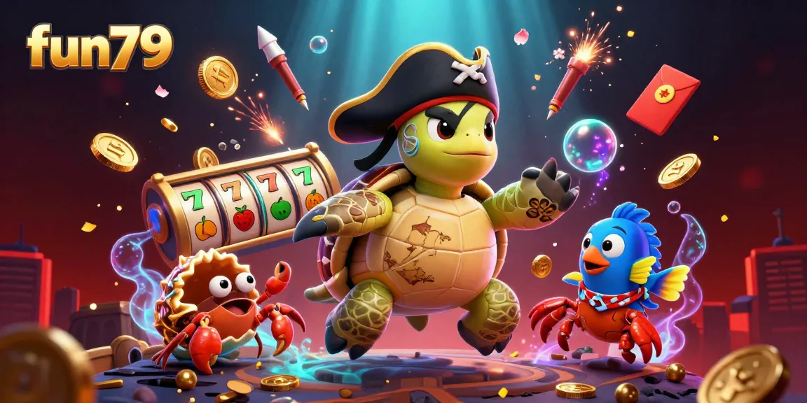 Experience fun79 excitement with vibrant casino action featuring a pirate turtle, lively slot reels, and golden treasures.
