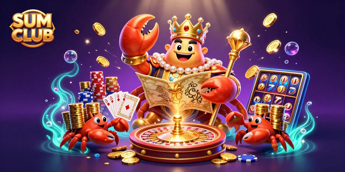 Experience the thrill of SUM CLUB casino with a majestic golden crab surrounded by sparkling treasures and game elements.