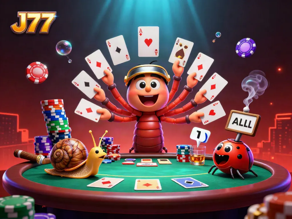 Experience the vibrant action at J77 Casino with unique characters pushing massive chip stacks.