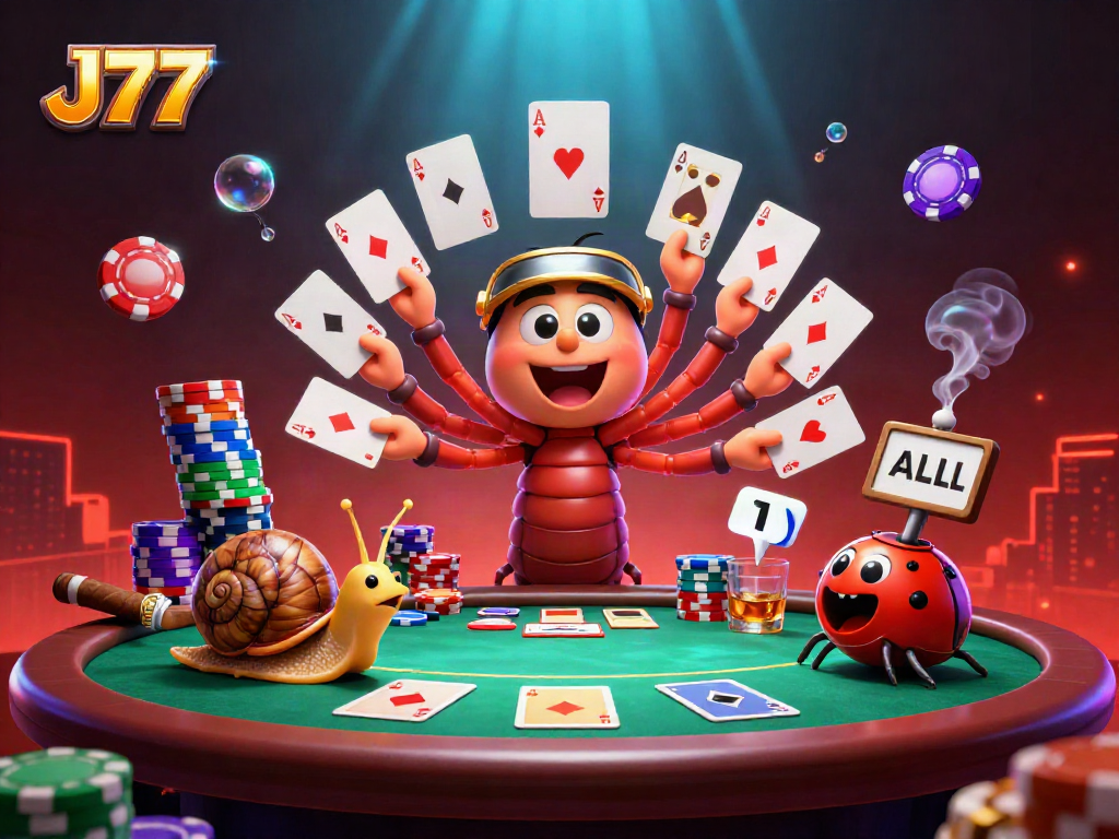 Experience the vibrant action at J77 Casino with unique characters pushing massive chip stacks.