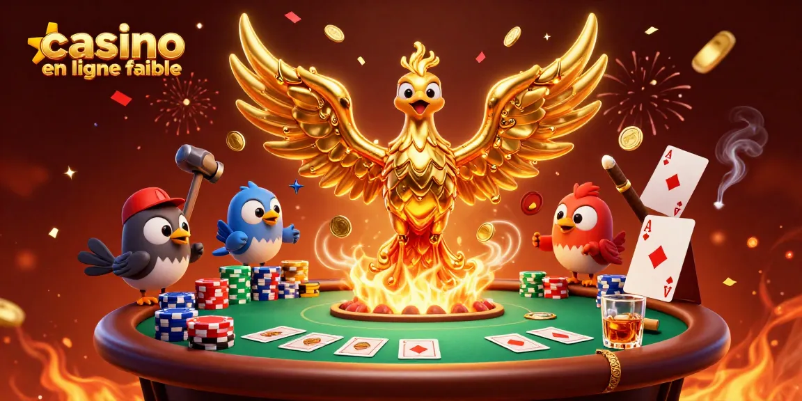 Découvrez la magie d'un casino en ligne fiable avec un phénix doré, des jetons et des cartes de poker.