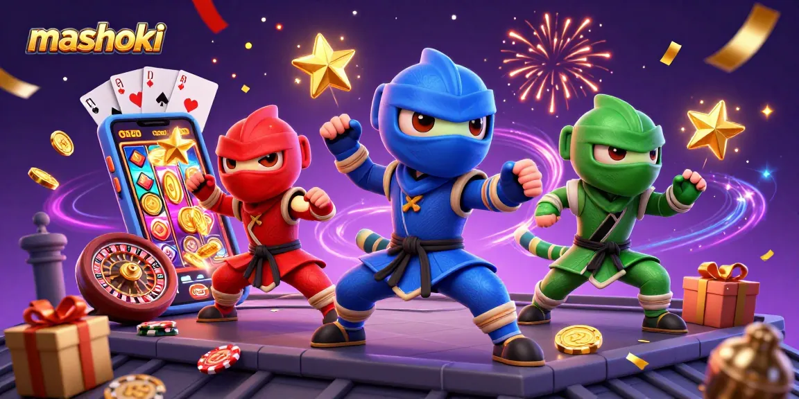 Mashoki showcases a vibrant 3D illustration of ninja chameleons navigating the exciting world of casino gaming.