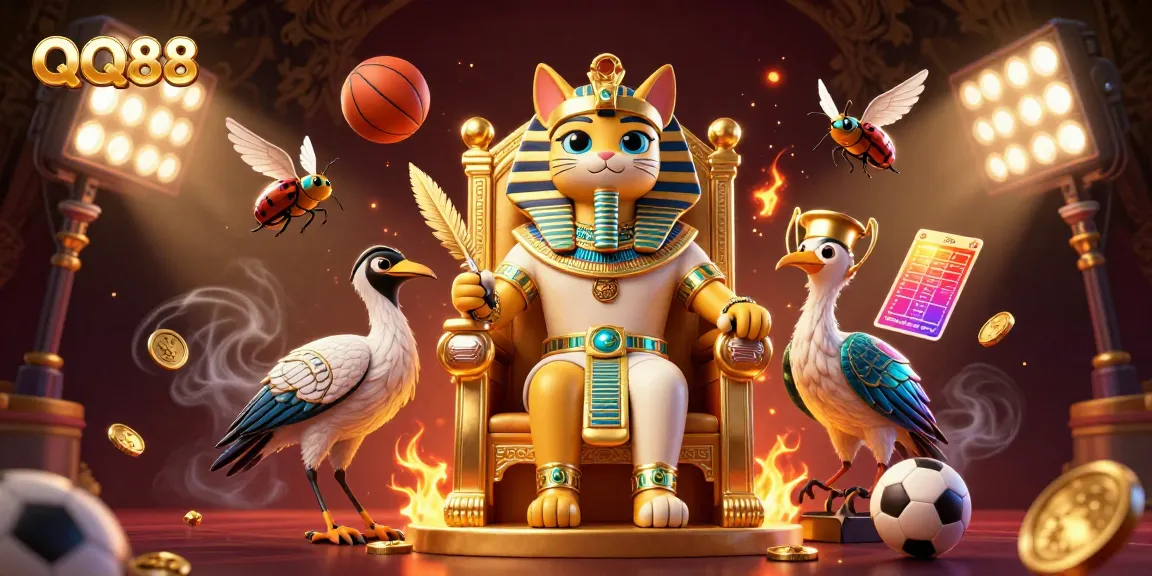Engage with QQ88, where the Egyptian pharaoh cat oversees a vibrant casino scene filled with sports elements.
