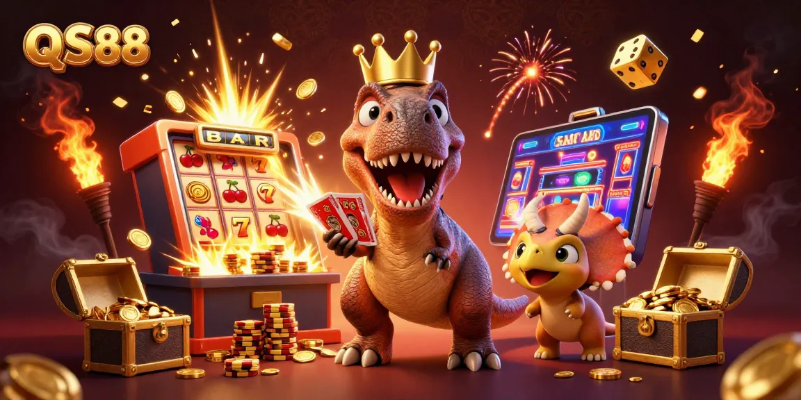Experience exciting gaming at QS88 with joyful characters and vibrant casino elements celebrating big wins.