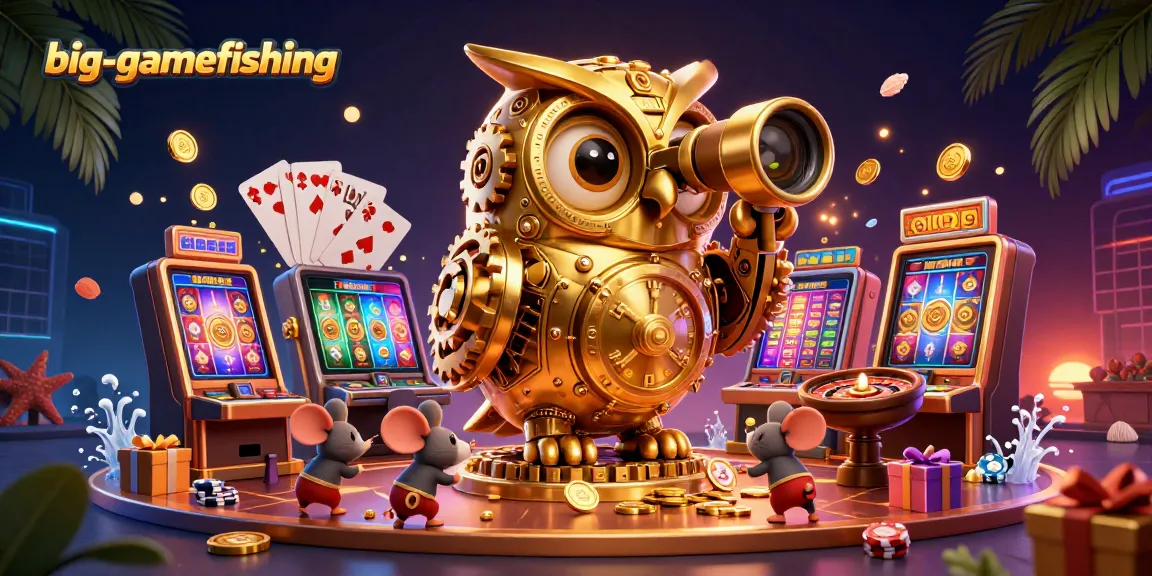 Engage in big-gamefishing with a vibrant casino scene showcasing golden owl, bustling mice, and dynamic gaming elements.