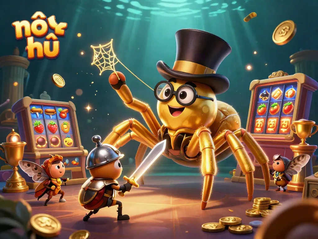 The thrilling visual of nổ hũ captures a golden tarantula and a beetle knight surrounded by dynamic slot game elements and glowing treasures.