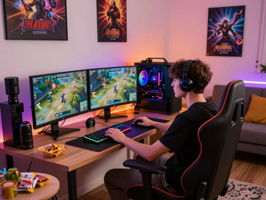 Delapan toto saat bermain game di ruang tamu modern dengan monitor RGB menyala.