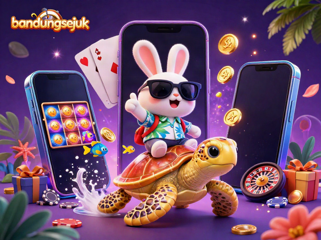Experience excitement with bandungsejuk as a cartoon rabbit enjoys games on a giant turtle!