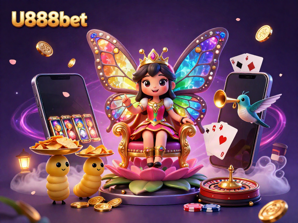 Engage in thrilling gameplay with U888bet's vibrant casino scene featuring a butterfly queen and dynamic gaming elements.