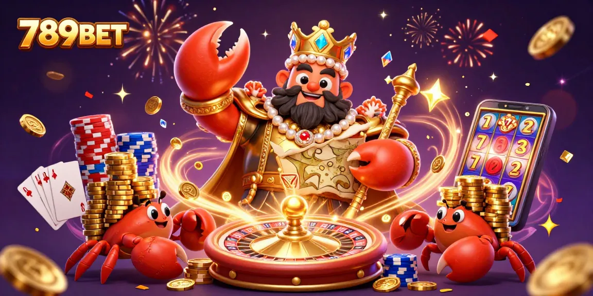 Experience excitement with 789BET's golden crab emperor amidst cascading treasures and gaming action.