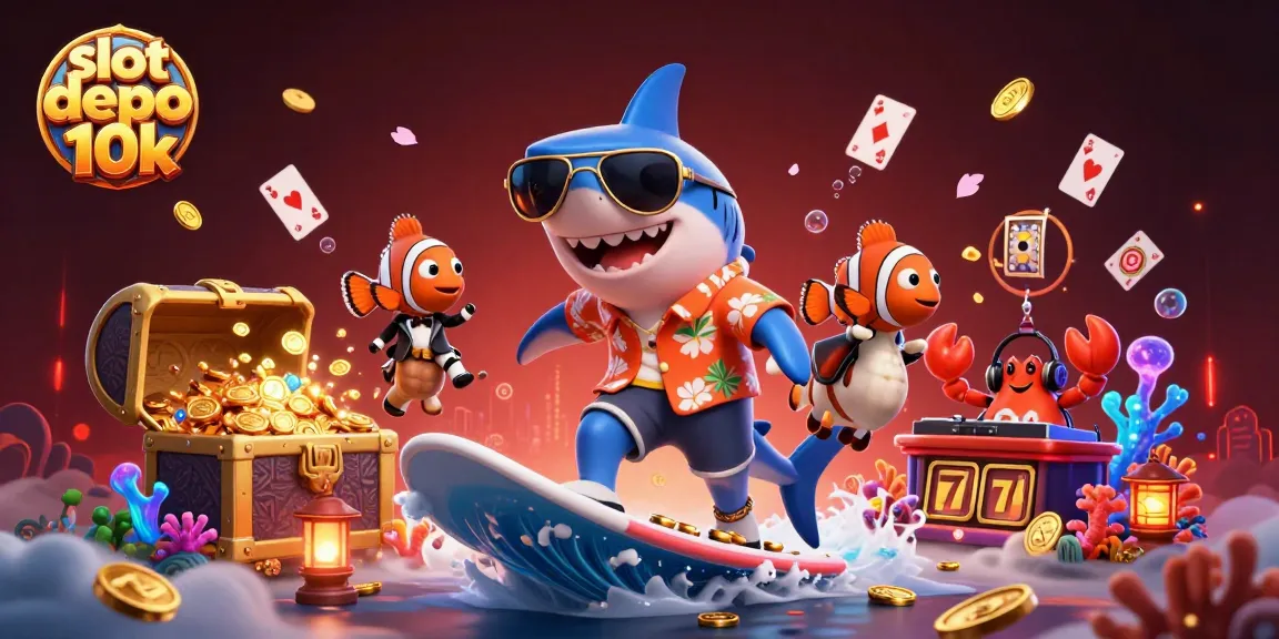 Menyaksikan slot depo 10k, ikan hiu kartun dan teman-temannya menghiasi permukaan permainan slot yang berkilauan.