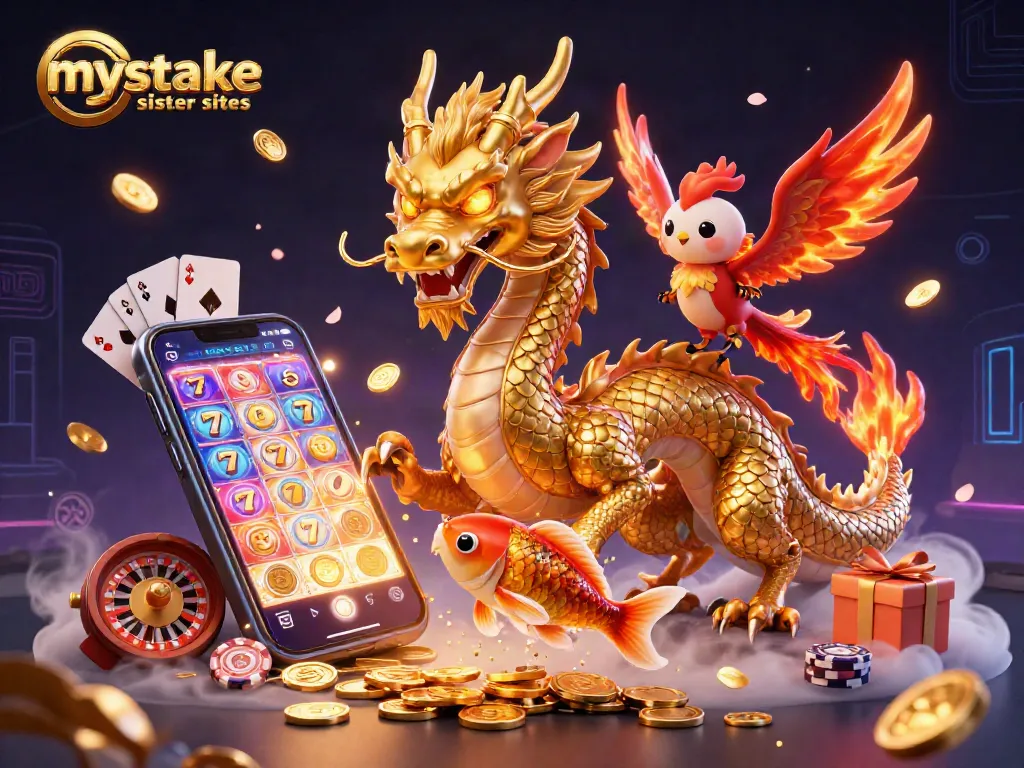 Playing real money games at mystake sister sites, featuring a dragon and phoenix with coins.