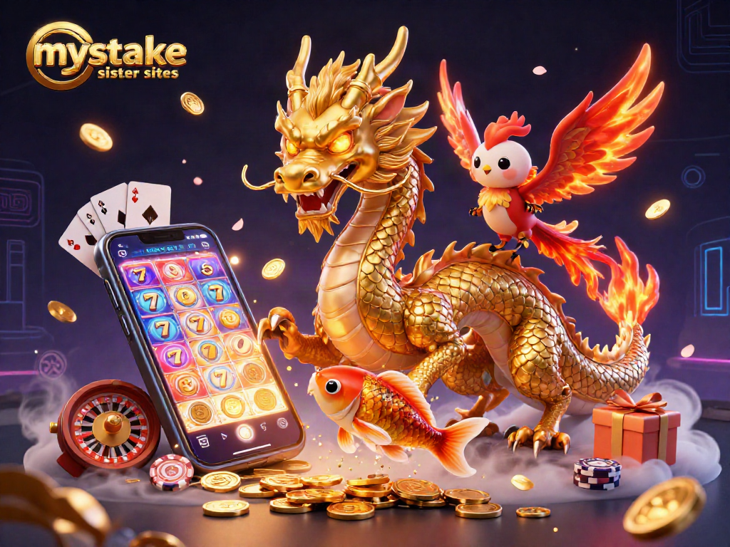 Playing real money games at mystake sister sites, featuring a dragon and phoenix with coins.