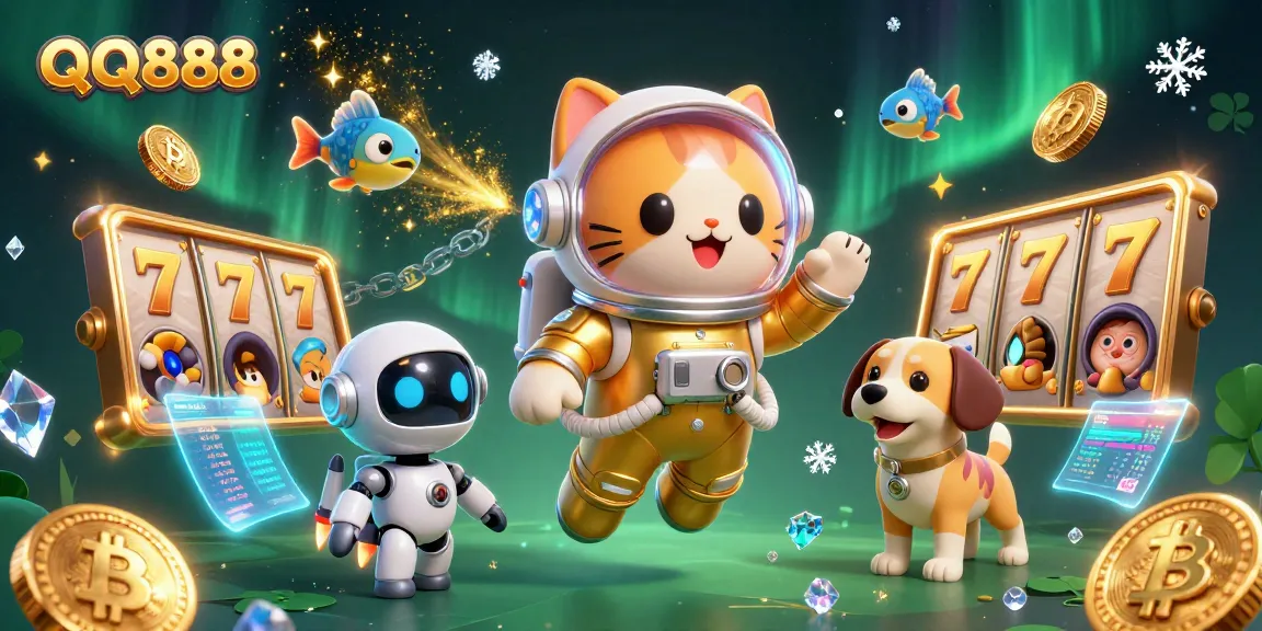 Engage with QQ888 on an adventure featuring a golden astronaut cat, a robotic dog, and vibrant slot game elements.