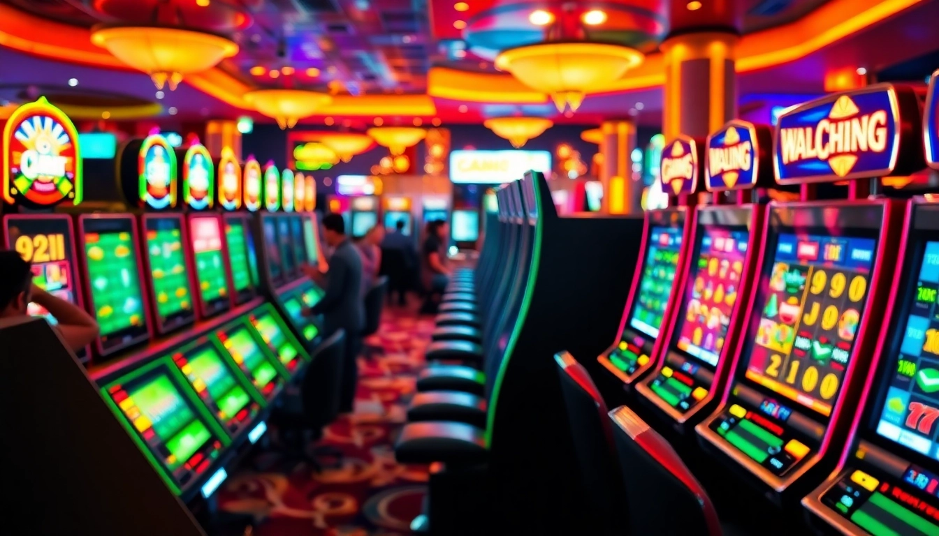 Engaging scene depicting slot gambling with vibrant machines and excited players in a lively casino atmosphere.