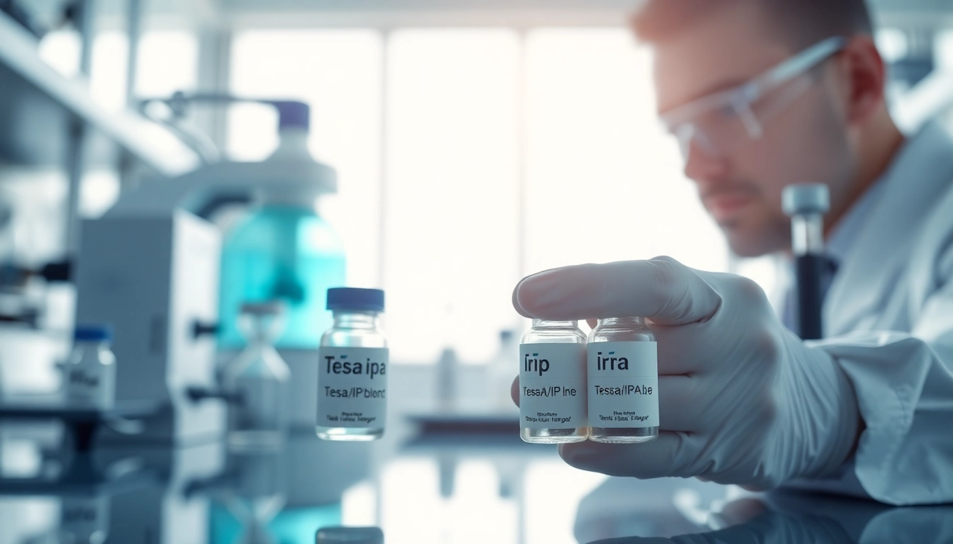 Researcher examining vials of tesa/ipa blend in a bright laboratory, showcasing precision in study.