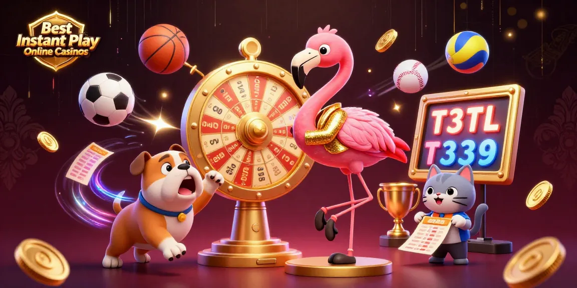 Engage with the Best Instant Play Online Casinos featuring a lively scene with a flamingo game show host, bulldog, and scoreboard cat.