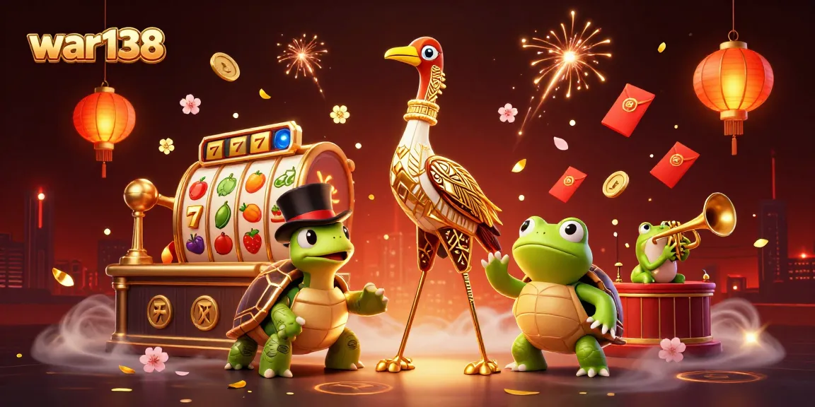 Experience the excitement of war138 with captivating characters amidst spinning slots and festive elements